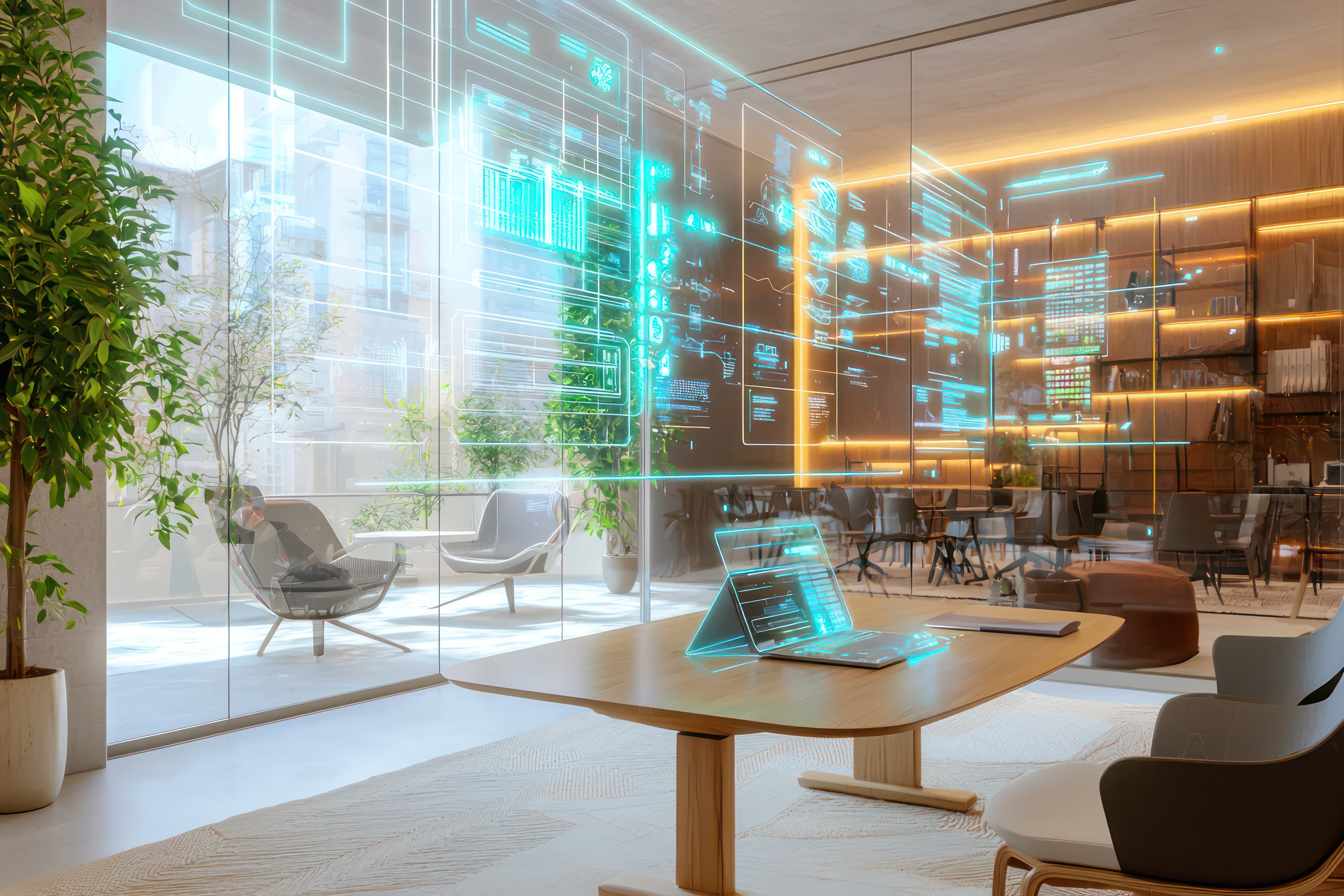Hotel office workspace with floating data displays, operational intelligence