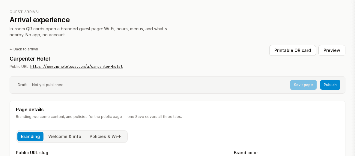 An arrival page editor in the app